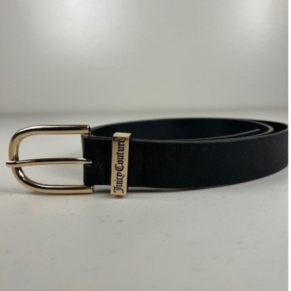 Juicy Couture Black Saffiano‎ Faux Leather Rose Gold Buckle Belt Women's L XL